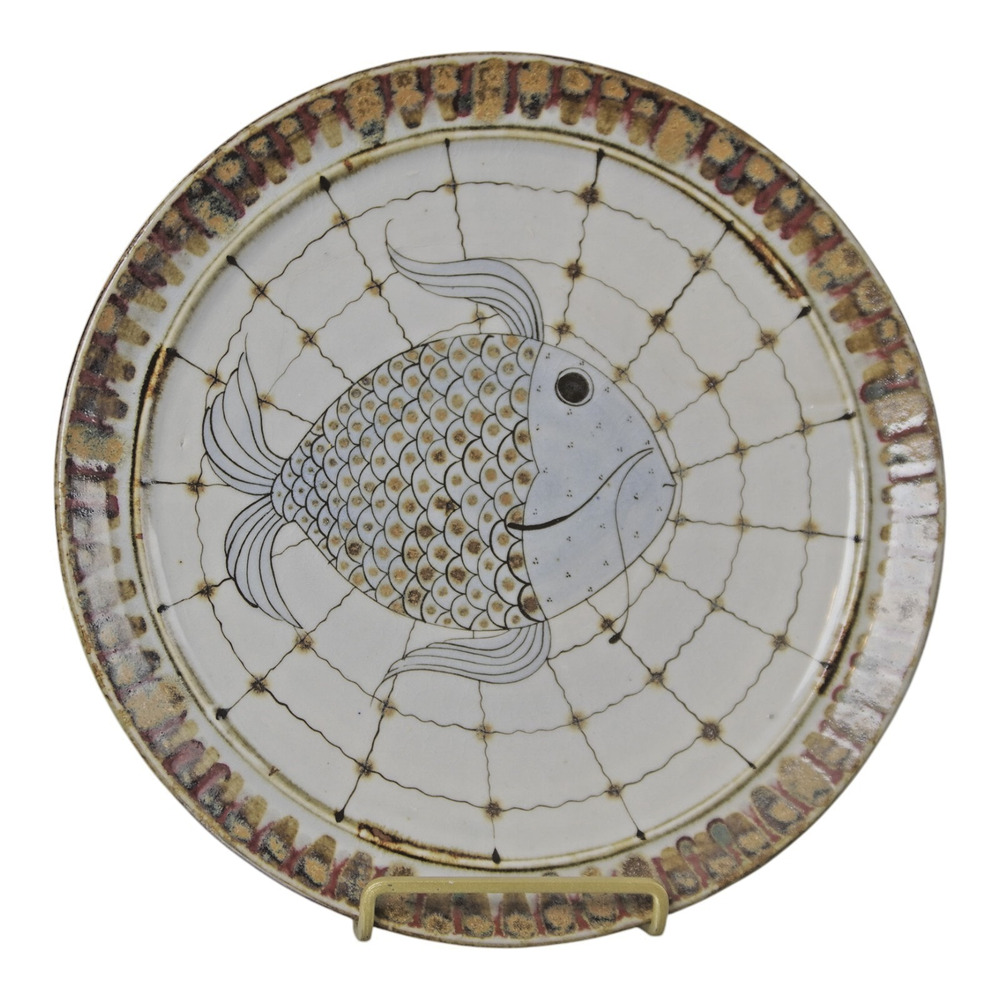 VINTAGE MEXICO STUDIO POTTERY FISH PLATE 11” SIGNED MODERNIST CRACKED AS IS